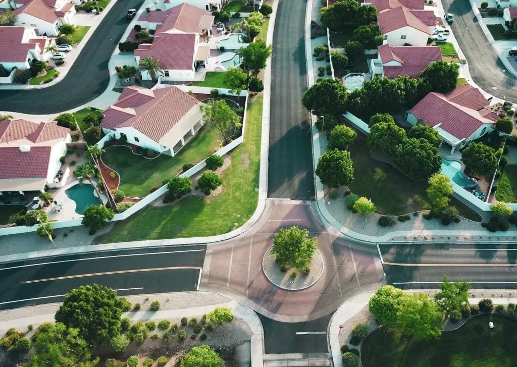 Aerial shot of neighborhood houses