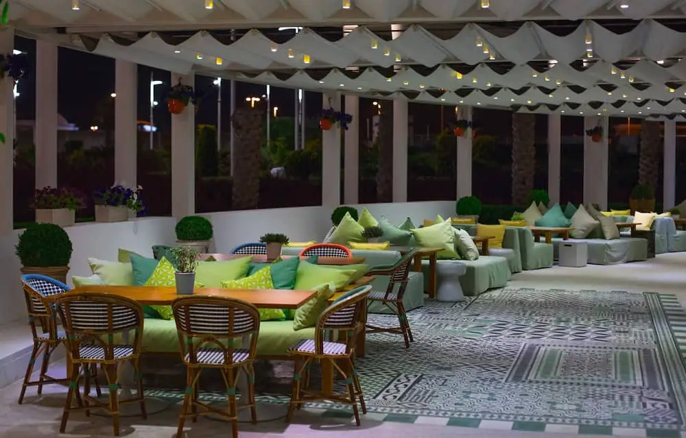 restaurant hall with bright color sitting furniture